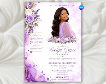 Puede incluir: Una plantilla de programa funerario con el retrato de una persona, arreglos florales morados y blancos, y el texto: In Loving Memory of Evelyn Grace Watkins, March 12, 1995 – September 14, 2024, Homegoing Celebration.