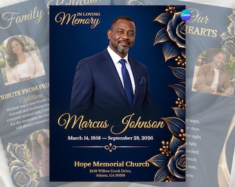Puede incluir: Una plantilla de programa funerario con fondo azul oscuro y detalles florales dorados. El centro muestra el retrato de un hombre con traje, el texto "In Loving Memory", el nombre "Marcus Johnson", fechas y los detalles "Hope Memorial Church".