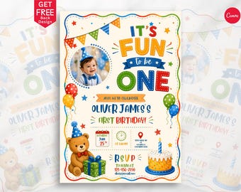 Puede incluir: Una tarjeta de invitación para un primer cumpleaños con una foto circular de un niño con un gorro de fiesta azul. El texto dice IT'S FUN TO BE ONE, OLIVER JAMES'S FIRST BIRTHDAY y RSVP. Incluye gráficos de globos, banderines, un oso de peluche y un pastel.