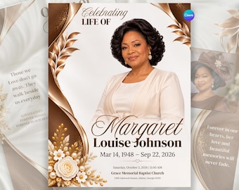Puede incluir: Una plantilla de programa funerario con el retrato de una mujer en blazer crema, con el texto Celebrating Life Of Margaret Louise Johnson, Mar 14, 1948 – Sep 22, 2026, y los detalles del servicio en Grace Memorial Baptist Church.