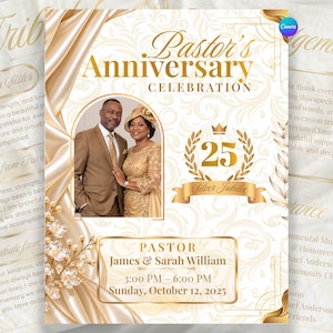 Puede incluir: Un folleto de celebración del aniversario de un pastor con un fondo de damasco dorado y blanco y detalles de tela drapeada. Incluye una foto de una pareja, el texto 25 Silver Jubilee y los detalles del evento para James & Sarah William el 12 de octubre de 2025.