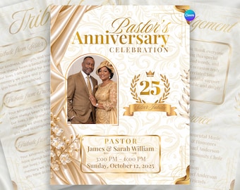 Puede incluir: Un folleto de celebración del aniversario de un pastor con un fondo de damasco dorado y blanco y detalles de tela drapeada. Incluye una foto de una pareja, el texto 25 Silver Jubilee y los detalles del evento para James & Sarah William el 12 de octubre de 2025.