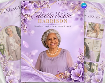 Puede incluir: Una plantilla de programa funerario en tonos violeta claro con el retrato de una mujer mayor de cabello gris. El texto dice Celebrating the Life, Martha Elaine Harrison y March 14, 1948 – September 8, 2026, rodeado de detalles florales.
