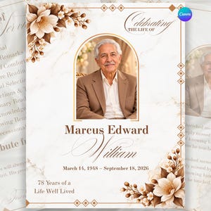 Pode incluir: Um modelo de programa funerário com o retrato de um homem mais velho de fato bege dentro de uma moldura arqueada. O design inclui detalhes florais castanhos, texturas de mármore e o texto Celebrating the Life of Marcus Edward William.