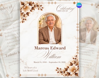 Puede incluir: Una plantilla de programa funerario con el retrato de un hombre mayor con traje beige dentro de un marco arqueado. El diseño incluye detalles florales marrones, texturas de mármol y el texto Celebrating the Life of Marcus Edward William.