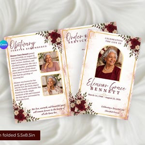 May include: A funeral program template featuring burgundy and cream floral accents, gold geometric borders, and watercolor washes. The text includes "Obituary," "Celebrating the Life of Eleanor Grace Bennett," and dates "March 14, 1948 - August 22, 2026."