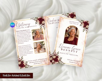Puede incluir: Una plantilla de programa funerario con detalles florales en burdeos y crema, bordes geométricos dorados y lavados de acuarela. El texto incluye "Obituary", "Celebrating the Life of Eleanor Grace Bennett" y las fechas "14 de marzo de 1948 - 22 de agosto de 2026".