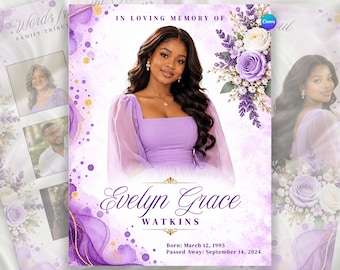 Puede incluir: Una plantilla de programa funerario con el retrato de una persona con vestido lavanda, decorada con rosas moradas y blancas, ramas de lavanda y detalles dorados. El texto dice In Loving Memory Of, Evelyn Grace Watkins y las fechas.