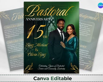 Puede incluir: Una plantilla de folleto digital para un 15º aniversario pastoral con fondo verde oscuro y texto dorado. El diseño incluye una fotografía de una pareja, los nombres Eijaz Micheal y Olivia Eijaz, y secciones para homenajes y detalles del servicio.