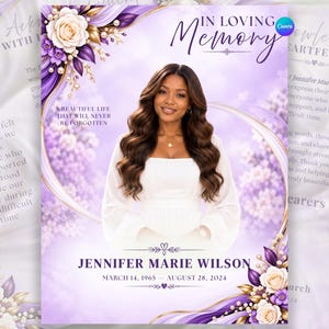 Lavender Purple Funeral Program Template, Editable Canva Celebration of life Program, Obituary Program, In Loving Memory, Digital Download