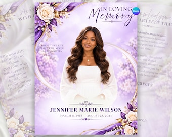 Lavender Purple Funeral Program Template, Editable Canva Celebration of life Program, Obituary Program, In Loving Memory, Digital Download