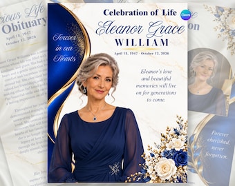 Puede incluir: Una plantilla de programa funerario titulada Celebration of Life para Eleanor Grace William, con el retrato de una mujer en un vestido azul marino, acentos en espiral azul y oro, y arreglos florales blancos y azules con texto.
