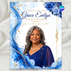 May include: A funeral program template featuring a portrait of a woman with gray hair wearing a blue dress and pearl necklace. The design includes blue watercolor swirls, gold accents, and blue roses. Text reads: Celebrating the Life of Grace Evelyn Anderson, March 14, 1948 – July 22, 2026.