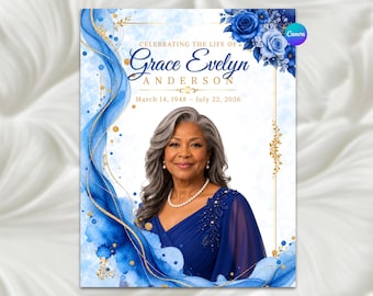 Puede incluir: Plantilla de programa funerario con el retrato de una mujer de cabello gris con vestido azul y collar de perlas. El diseño incluye remolinos de acuarela azul, detalles dorados y rosas azules. Texto: Celebrating the Life of Grace Evelyn Anderson, March 14, 1948 – July 22, 2026.