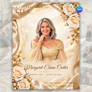 May include: A funeral program template featuring a portrait of a woman in a gold dress, surrounded by cream roses, pearls, and gold fabric accents. The text reads A CELEBRATION OF LIFE, Margaret Elaine Carter, MARCH 5, 1965 - AUGUST 12, 2024.