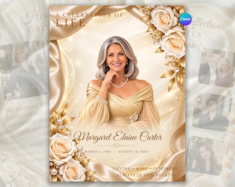 Puede incluir: Una plantilla de programa funerario con el retrato de una mujer con vestido dorado, rodeada de rosas crema, perlas y detalles de tela dorada. El texto dice A CELEBRATION OF LIFE, Margaret Elaine Carter, MARCH 5, 1965 - AUGUST 12, 2024.