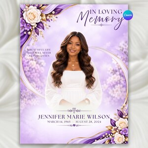 May include: A memorial poster featuring a portrait of a person with long wavy hair wearing a white top. The design includes purple and gold floral accents, pearls, and the text: IN LOVING MEMORY, A BEAUTIFUL LIFE THAT WILL NEVER BE FORGOTTEN, JENNIFER MARIE WILSON, MARCH 14, 1965 - AUGUST 28, 2024.