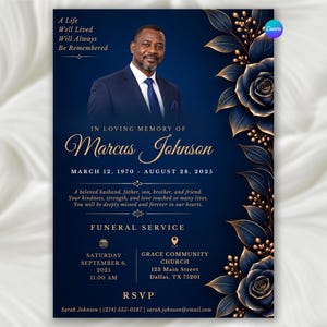 Op de afbeelding: Een uitvaartprogramma-sjabloon met een donkerblauwe achtergrond en gouden bloemaccenten. Het bevat een portret van een man in een pak, de tekst A Life Well Lived Will Always Be Remembered, Marcus Johnson, 12 maart 1970 - 28 augustus 2025, en details over de dienst.