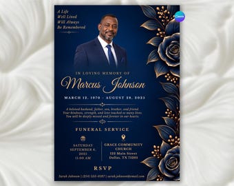 Puede incluir: Una plantilla de programa funerario con fondo azul oscuro y detalles florales dorados. Incluye el retrato de un hombre con traje, el texto A Life Well Lived Will Always Be Remembered, Marcus Johnson, 12 de marzo de 1970 - 28 de agosto de 2025, y detalles del servicio.