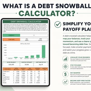 Pu&ograve; includere: Un calcolatore digitale per il metodo a valanga del debito visualizzato su uno schermo di tablet. L'interfaccia include un grafico a barre dei saldi iniziali, una tabella con nomi dei debiti, tassi di interesse e pagamenti, e spiegazioni.