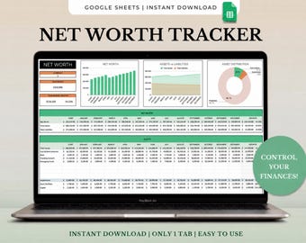 Foglio di calcolo per il monitoraggio del patrimonio netto su Google Sheets, dashboard per la gestione delle finanze personali, modello per il calcolo di attività e passività, strumento di monitoraggio annuale della ricchezza.