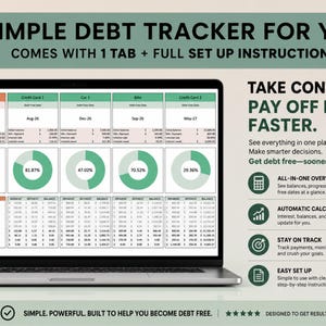 Pu&ograve; includere: Uno schermo di computer portatile che mostra un foglio di calcolo digitale per il monitoraggio dei debiti con colonne per carte di credito, prestiti auto e bici. L'interfaccia include tabelle, grafici a torta e dati finanziari. Il testo recita: SIMPLE DEBT TRACKER FOR YOU, TAKE CONTROL. PAY OFF DEBT FASTER, e SIMPLE. POWERFUL. BUILT TO HELP YOU BECOME DEBT FREE.