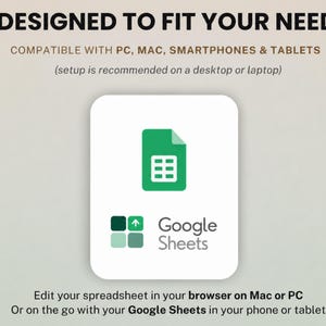 Pu&ograve; includere: Una grafica digitale che mostra il logo di Google Sheets con un'icona verde di foglio di calcolo. Il testo recita: DESIGNED TO FIT YOUR NEEDS, COMPATIBLE WITH PC, MAC, SMARTPHONES & TABLETS, setup is recommended on a desktop or laptop.
