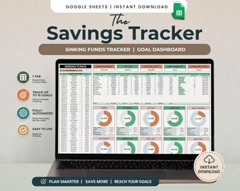 Foglio di calcolo per il monitoraggio dei risparmi da accantonare (Google Sheets), strumento per il monitoraggio degli obiettivi di risparmio, pianificatore di risparmi, dashboard finanziaria, download immediato.