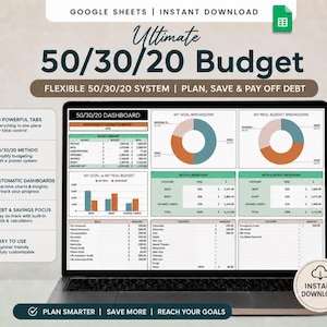 Hoja de cálculo de presupuesto 50/30/20 en Google Sheets, planificador de presupuesto mensual, seguimiento del presupuesto de nómina, proporción personalizada 70/20/10, necesidades, deseos y ahorros.
