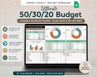 Foglio di calcolo per il budget 50/30/20 di Google Sheets, pianificatore di budget mensile, monitoraggio del budget in base allo stipendio, rapporto personalizzato 70/20/10, risparmi per bisogni e desideri.