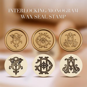 May include: Interlocking Monogram Wax Seal Stamp text is displayed above six circular wax seals. The top row features three gold-colored seals, while the bottom row shows three off-white seals, each embossed with intricate, ornate letter designs.