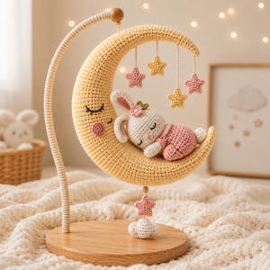 Può includere: Una giostrina all'uncinetto con una luna crescente gialla dal volto addormentato, sospesa a un supporto curvo su base in legno. Un piccolo coniglietto all'uncinetto bianco e rosa dorme sulla luna, circondato da stelle all'uncinetto gialle e rosa.