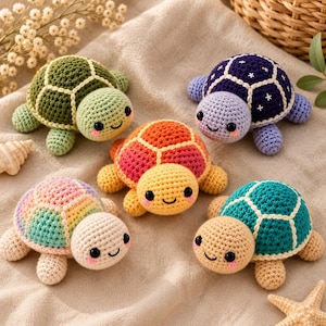 Op de afbeelding: Vijf kleine gehaakte schildpadjes met lachende gezichtjes en roze wangen. De schildpadden hebben schilden in verschillende kleuren, waaronder donkergroen, marineblauw met witte sterren, oranje en geel, pastel regenboog en blauwgroen.