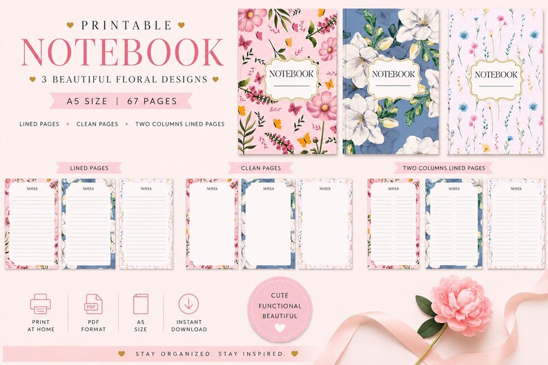 Floral Printable Notebook Bundle A5 | Lined Notes, Blank Pages & Two ...