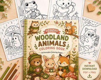 Cozy Woodland Animals Coloring Book Printable | 18 Forest Animal Coloring Pages PDF, Kawaii Digital Download