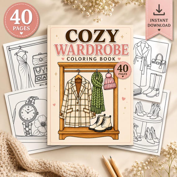 Cozy Wardrobe Coloring Book | 40 Fashion Closet Printable Pages, Cozy Outfits, Handbags & Accessories, Adult PDF Download
