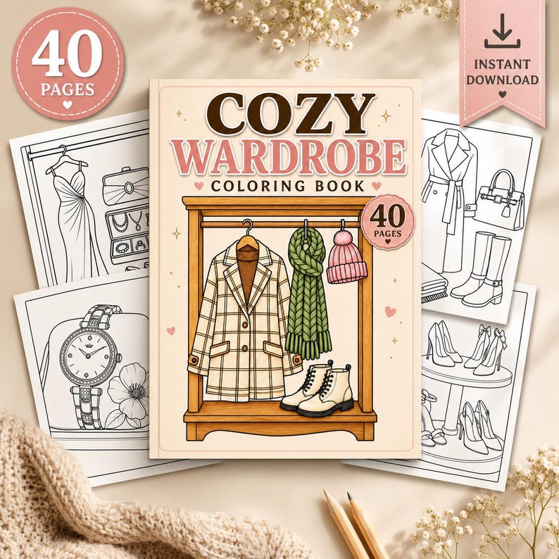 May include: A colouring book titled COZY WARDROBE featuring a wooden clothing rack with a plaid coat, green scarf, pink beanie, and boots. The cover displays 40 PAGES, and surrounding pages show line art of dresses, jewellery, watches, and shoes.