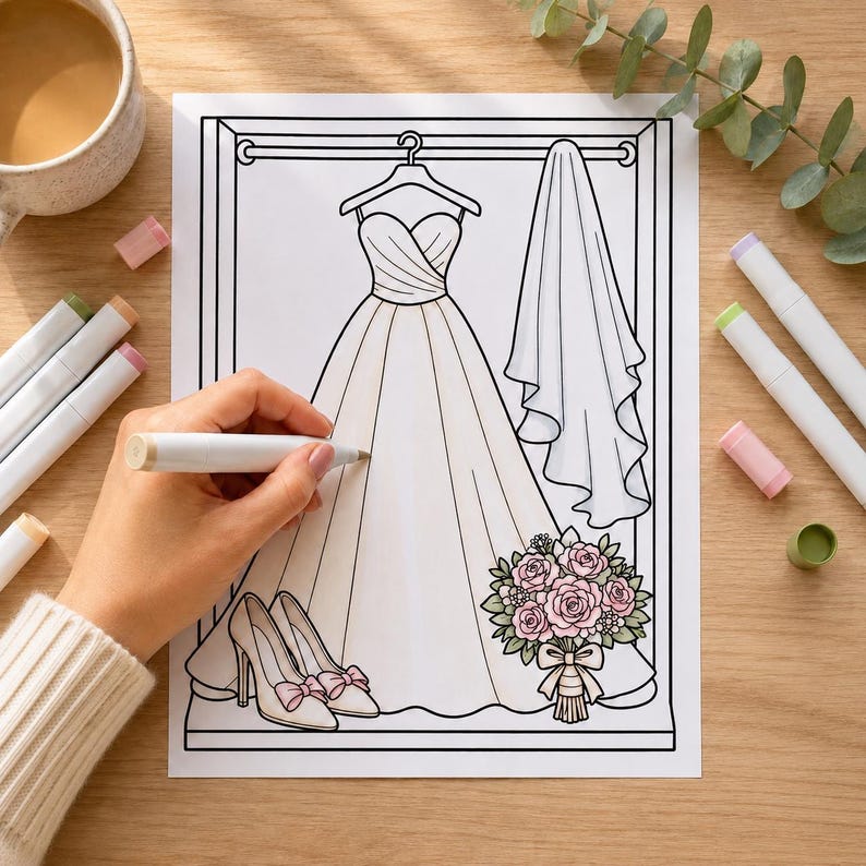 May include: A colouring page featuring a line art illustration of a strapless wedding gown on a hanger, a hanging veil, a pair of high-heeled shoes with bows, and a bouquet of roses. The bouquet is partially coloured in shades of pink and green.