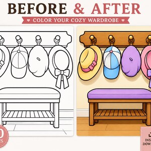 May include: A digital colouring page titled BEFORE & AFTER COLOR YOUR COZY WARDROBE featuring a line art version and a coloured version of a wooden coat rack with four hats and a bench. The coloured version shows a yellow, blue, purple, and pink hat.