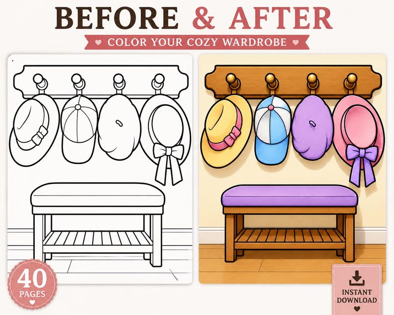 May include: A digital colouring page titled BEFORE & AFTER COLOR YOUR COZY WARDROBE featuring a line art version and a coloured version of a wooden coat rack with four hats and a bench. The coloured version shows a yellow, blue, purple, and pink hat.