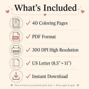 May include: A digital information graphic titled What's Included with dark brown text on a light cream background. It lists 40 colouring pages, PDF format, 300 DPI high resolution, US Letter 21.59 cm by 27.94 cm size, and instant download features.