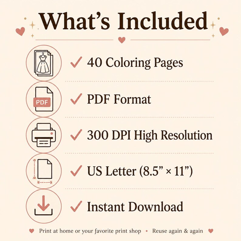 May include: A digital information graphic titled What's Included with dark brown text on a light cream background. It lists 40 colouring pages, PDF format, 300 DPI high resolution, US Letter 21.59 cm by 27.94 cm size, and instant download features.