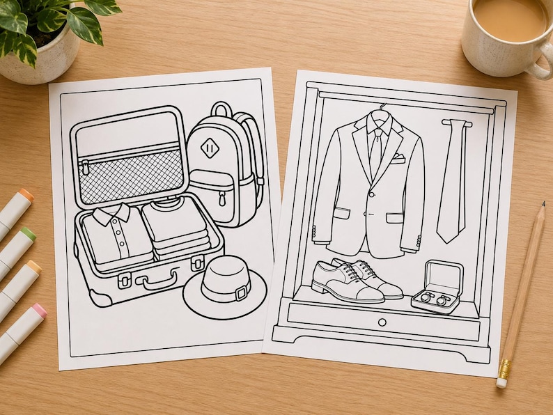 May include: Two black and white colouring pages featuring travel and formal attire. One page shows an open suitcase with folded shirts, a backpack, and a hat. The other page displays a wardrobe containing a suit jacket, a tie, dress shoes, and cufflinks.