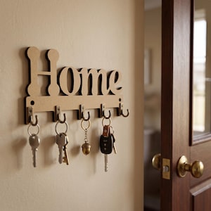 Könnte beinhalten: Ein hellbrauner Schlüsselhalter aus Holz zur Wandmontage mit dem Schriftzug Home in ausgeschnittener Schreibschrift. Die Basis verfügt über fünf silberfarbene Metallhaken, an denen vier verschiedene Metallschlüssel und ein Eichelanhänger hängen.