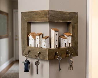 Rustic Wooden Key Holder Wall Shelf with 4 Hooks Farmhouse Entryway Organizer Decorative House Key Rack Wall Mounted Storage