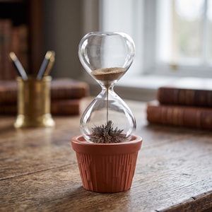 May include: A magnetic hourglass featuring a clear glass bulb containing fine metallic sand that forms a spiky, dark structure at the base. The glass vessel is securely seated within a terracotta-colored, ribbed, circular ceramic base.