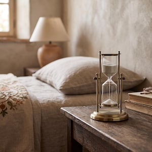 May include: A brass hourglass with a rotating frame and clear glass bulbs containing white sand. The hourglass features a circular base and a vertical support structure, positioned on a wooden surface next to a stack of books.