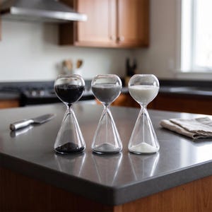 May include: Three clear glass hourglasses arranged in a row. The left hourglass contains black sand, the middle hourglass contains grey sand, and the right hourglass contains white sand. Each hourglass has a rounded top and a conical base.