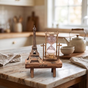 Eiffel Tower Hourglass Decor, Paris Sand Timer Ornament, Vintage Desk Decoration, Wooden Base Home Office Gift, French Decor