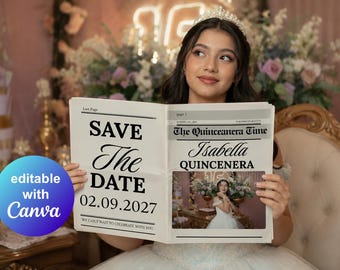 Quinceanera Save The Date Newspaper | Canva Template | Quinceañera invitation | Sweet 16 Newspaper Invite (Digital download)